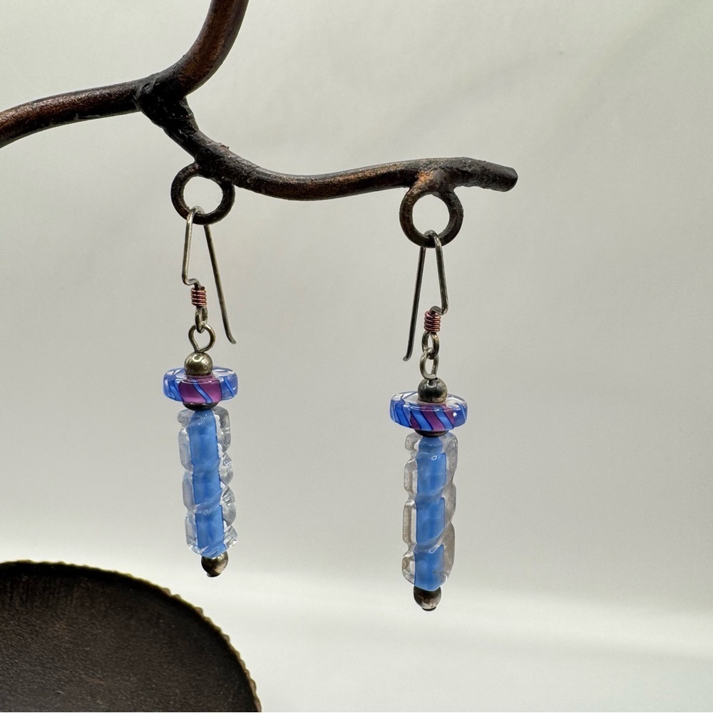 Furnace Glass Dangle Earrings | Blue & Purple Artisan Beads Boho Handmade Style - Picture 5 of 7